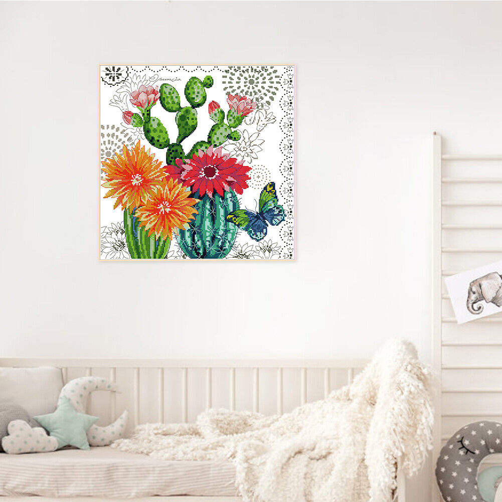 Partial Cross Stitch DIY 14CT Printed Prickly Pear Flower Wall Artwork Kits