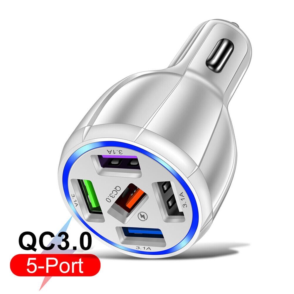 5USB QC3.0 Car Charger 3.1A Multi Ports Phone Fast Quick Charging (White)