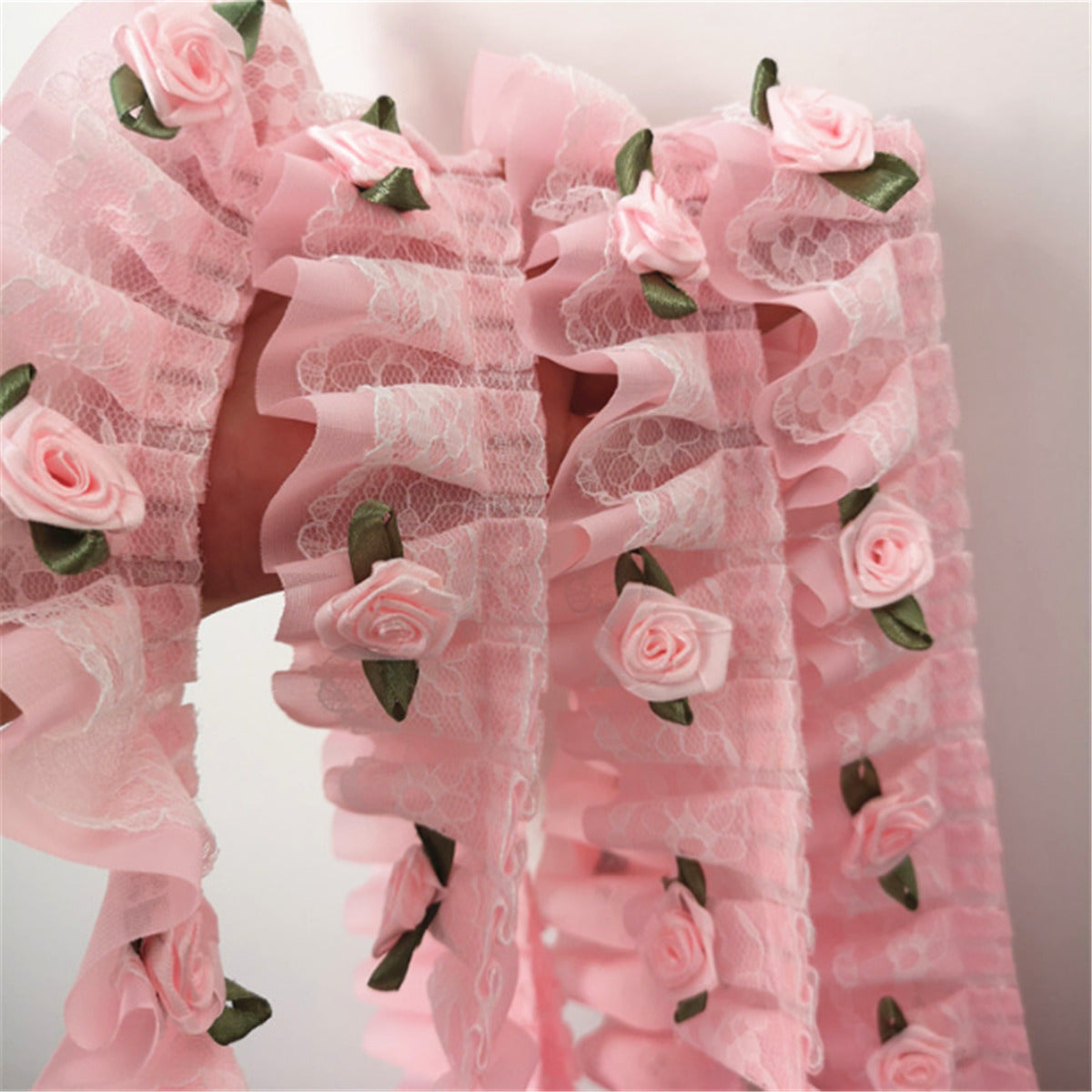 100CM Pink Rose Flower Ruffle Lace Trim Chiffon Pleated Ribbon DIY Sewing Craft