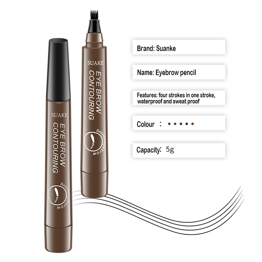 SUAKE Waterproof Eyebrow Pen 4-Fork Tip Eye Brow Pencil Brown (Dark Brown)
