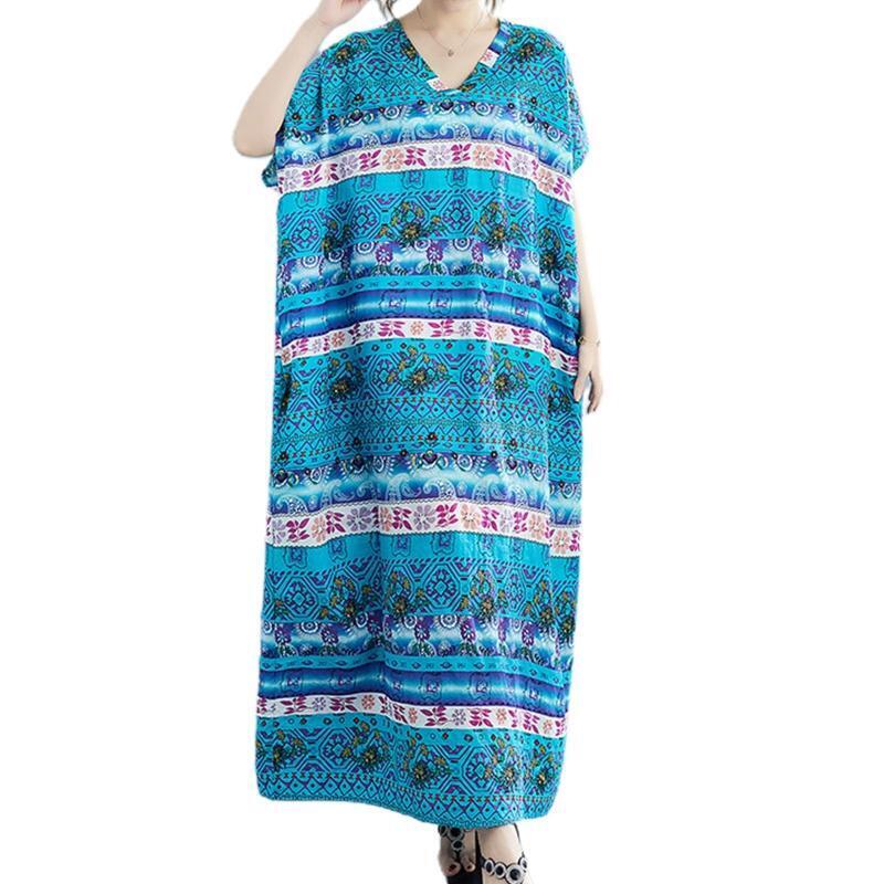 Women Short Sleeve Kaftan Dress Floral V-Neck Loose Maxi Robe Swimsuit Cover Up