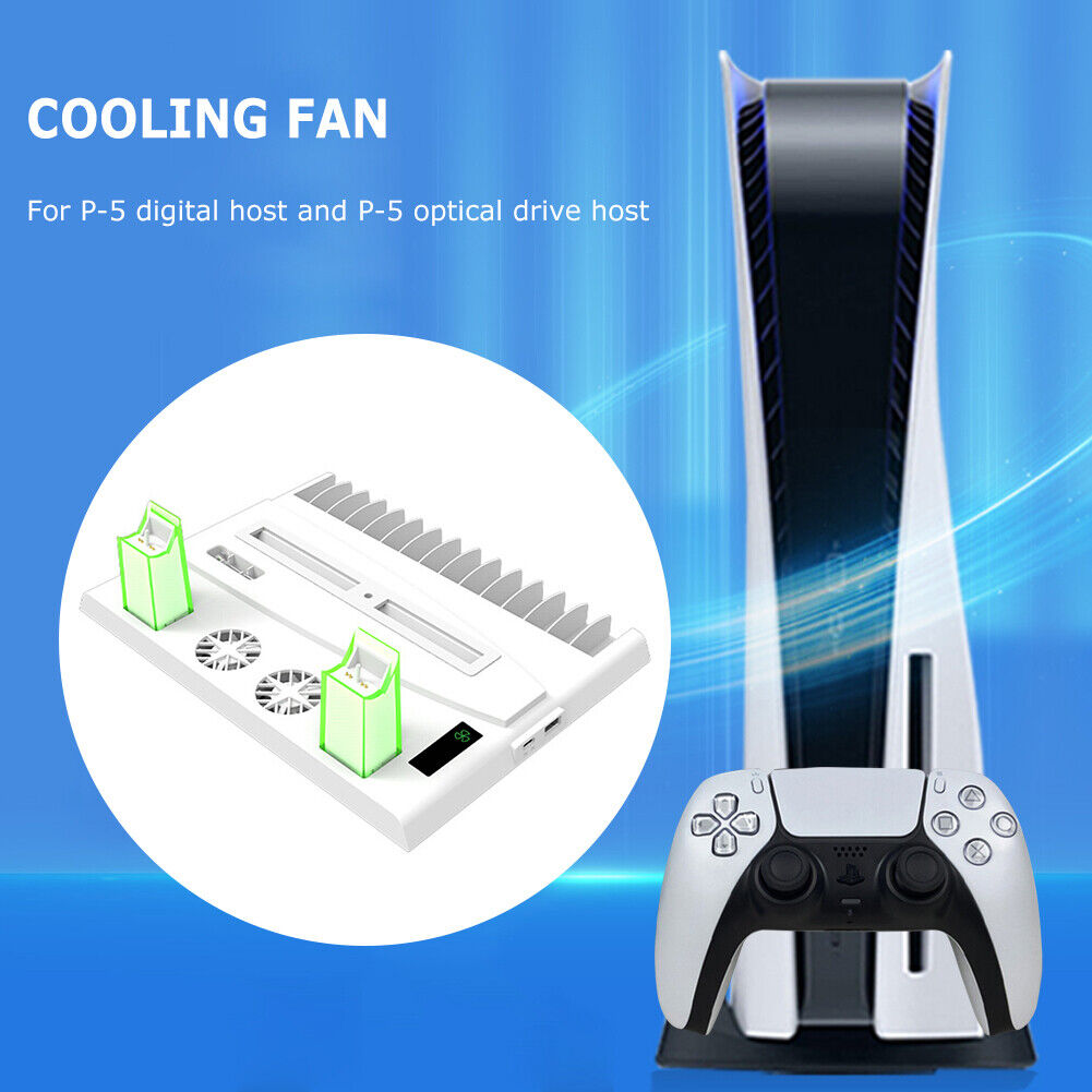 Vertical Cooling Fans Stand for PS5 Console Dual Controller Charger White