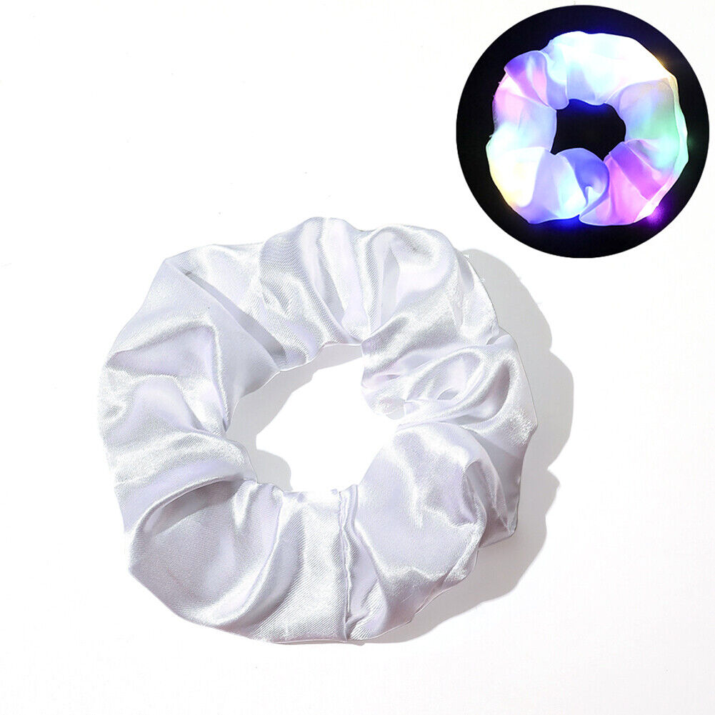 LED Light Up Scrunchies Women Hair Rope Night Club Ponytail Holder (White)