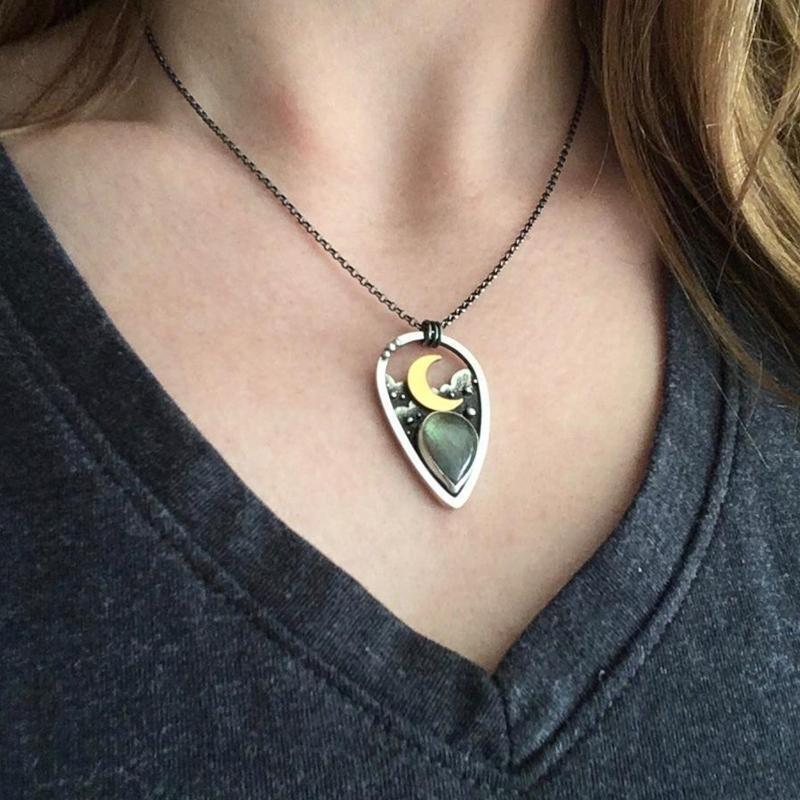 Boho Moon Stone Pendant Necklace Teardrop Clavicle Chain Hollow-out Neck Jewelry