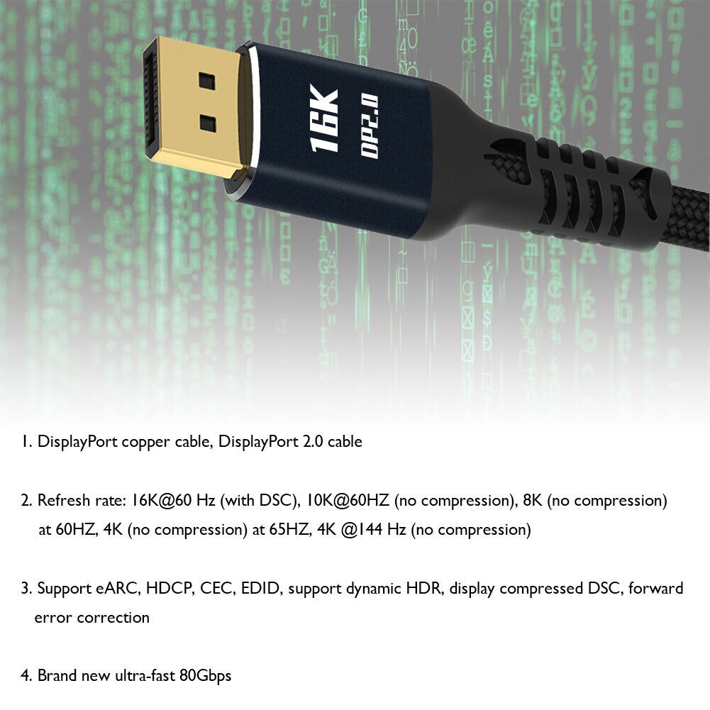 1m DisplayPort 2.0 Male Braided Cable 16K 60Hz 10K 60Hz HD Video DP Adapter