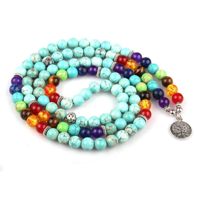 8mm Turquoise Healing 108 Mala Beads Tree of Life Necklace Yoga Wrap Bracelet