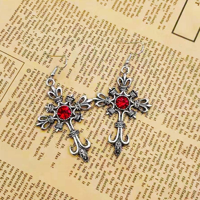 Gothic Punk Cross Earrings Hip Hop Rock Red Oil Drip Crystal Drop Earrings Gifts