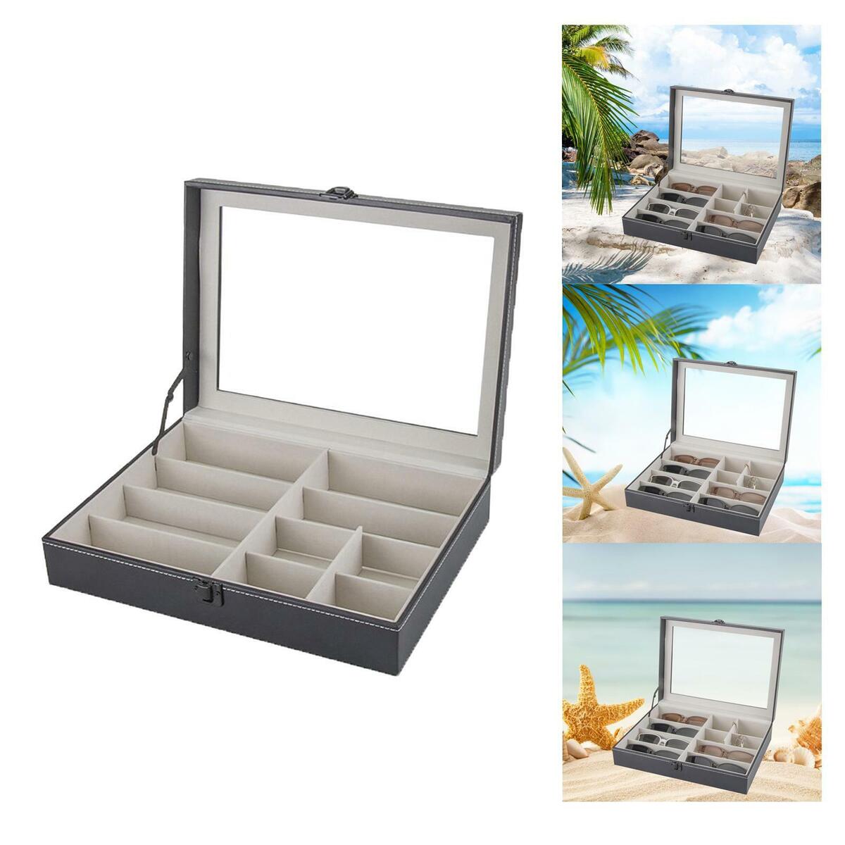 8 Slots Sunglasses Organizer Display PU Leather Holder Organizer Transparent Lid