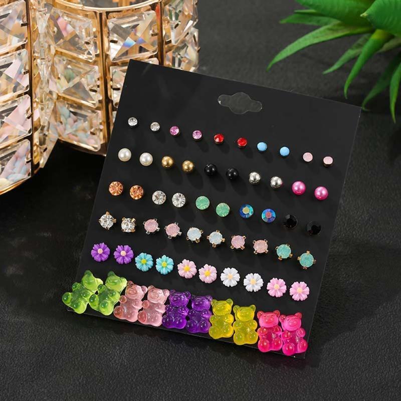 30 Pairs Colorful Cute Bear Flower Crystals Stud Earrings Set for Little Girls