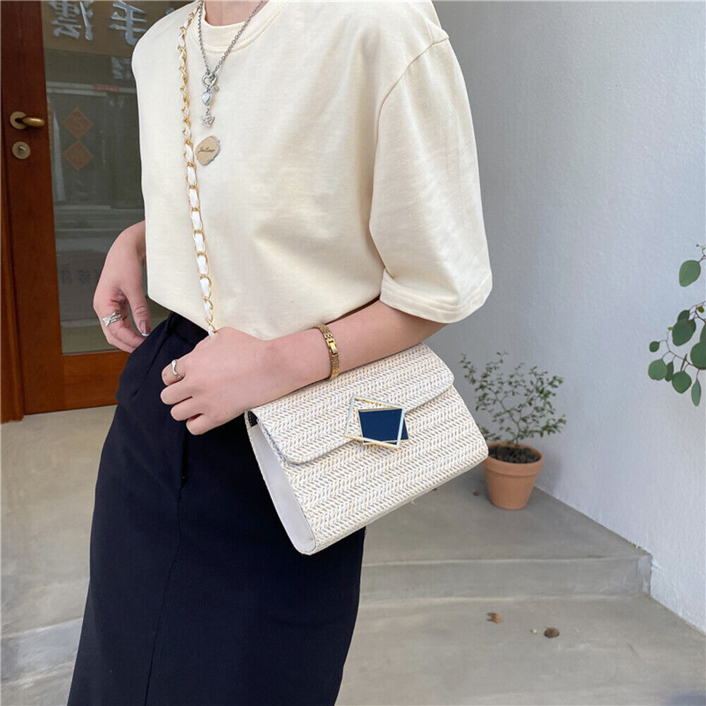 Fashion Women Woven Shoulder Underarm Bag Vacation Crossbody Bags (Beige)