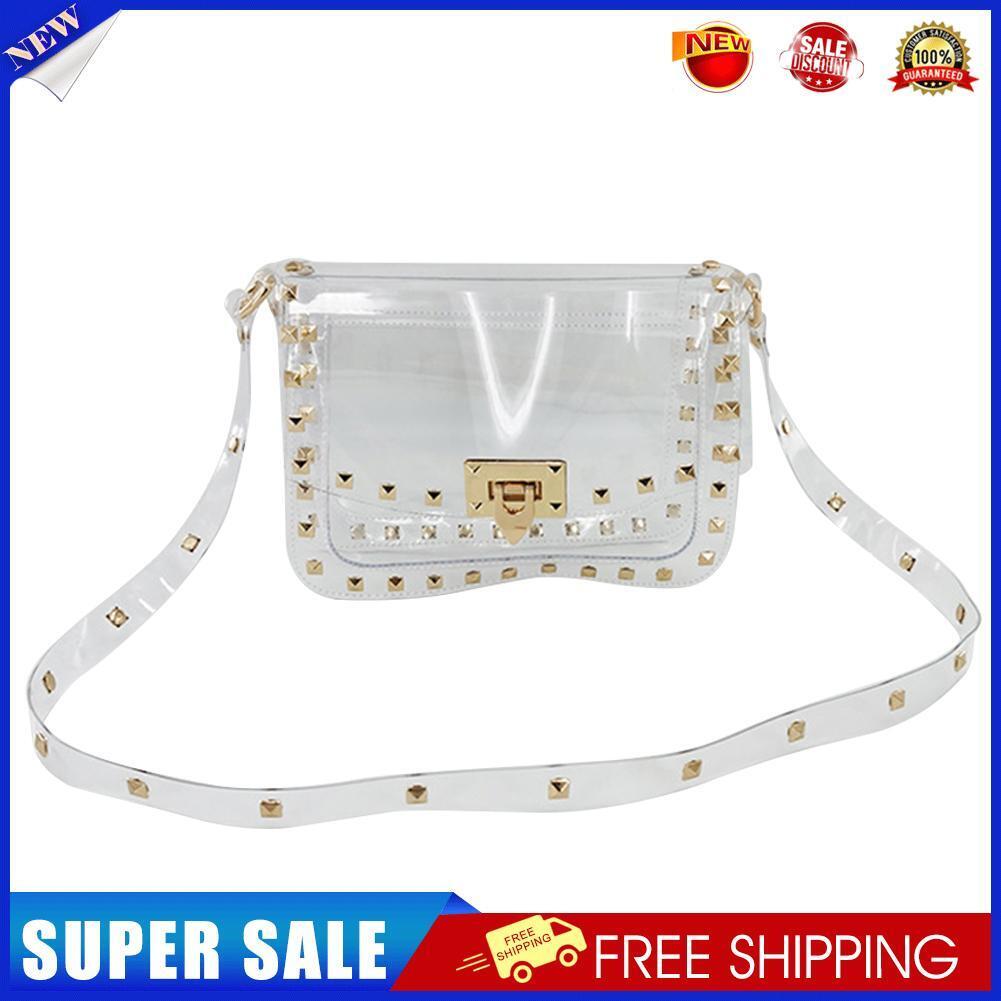 Women PVC Transparent Rivet Shoulder Bag Lady Casual Flap Crossbody Bag