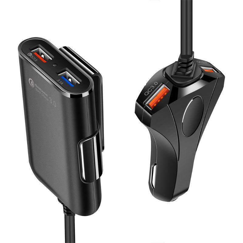 QC3.0 4 Ports USB Car Charger For Front Back Seat With Extension Cable For Phone