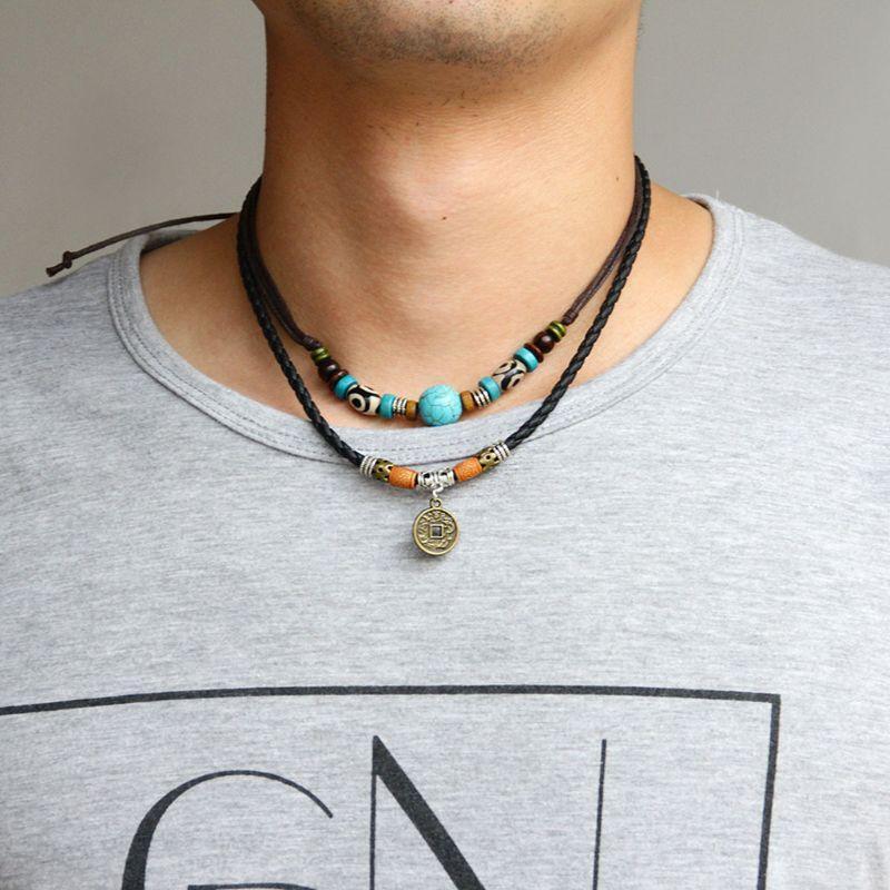 Fashion Necklace Ancient Tribe Man Adjustable Hemp Black Turquoise Bead Choker