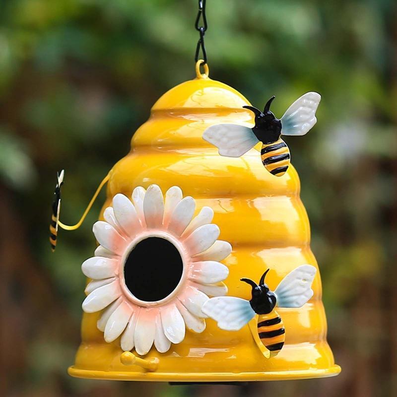 Metal Bird House Durable Garden Decoration Bee and Flowers Decorative Birdhouse