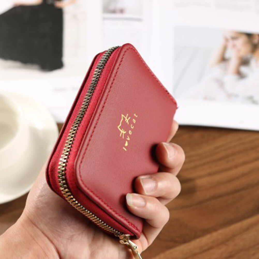 Women Card Holder Cat PU Leather Clutch Wallet Zipper Purse (Wine Red)