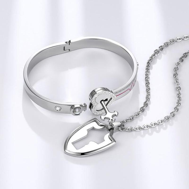 Couple Lovers Puzzle Titanium Steel Love Heart Lock Bangle Key Pendant Necklace