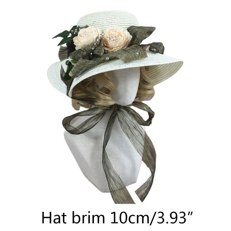 Lace Breathable Straw Hat Flower Rose Ribbon Caps with Wide Edge for Womens Girl