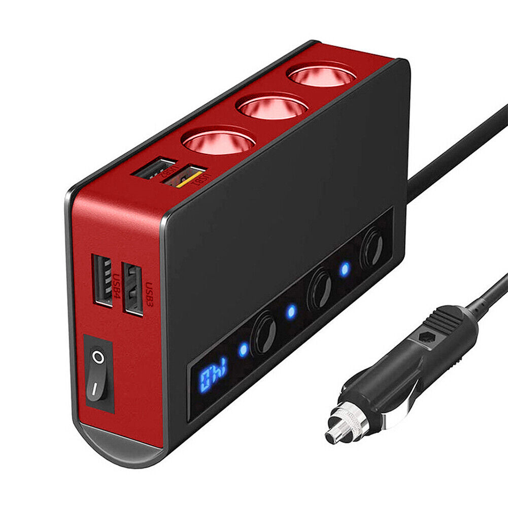 QC3.0 Cigarette Lighter 3 Socket 180W Power Adapter USB Car Charger (Red)