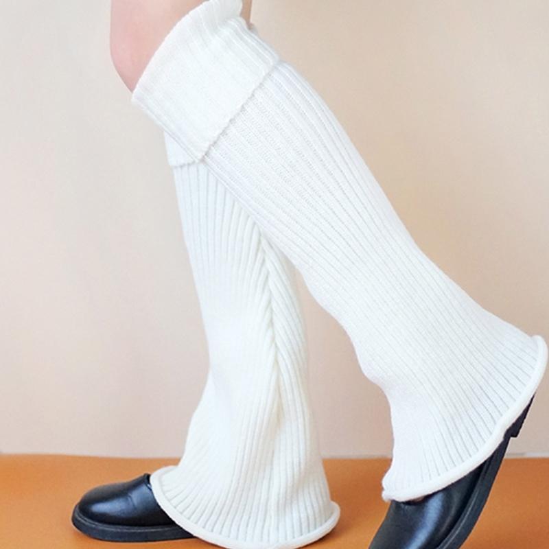 Women Ribbed Knit Flare Leg Warmers Turn Cuff Wide Leg Foot Cover Knee Socks