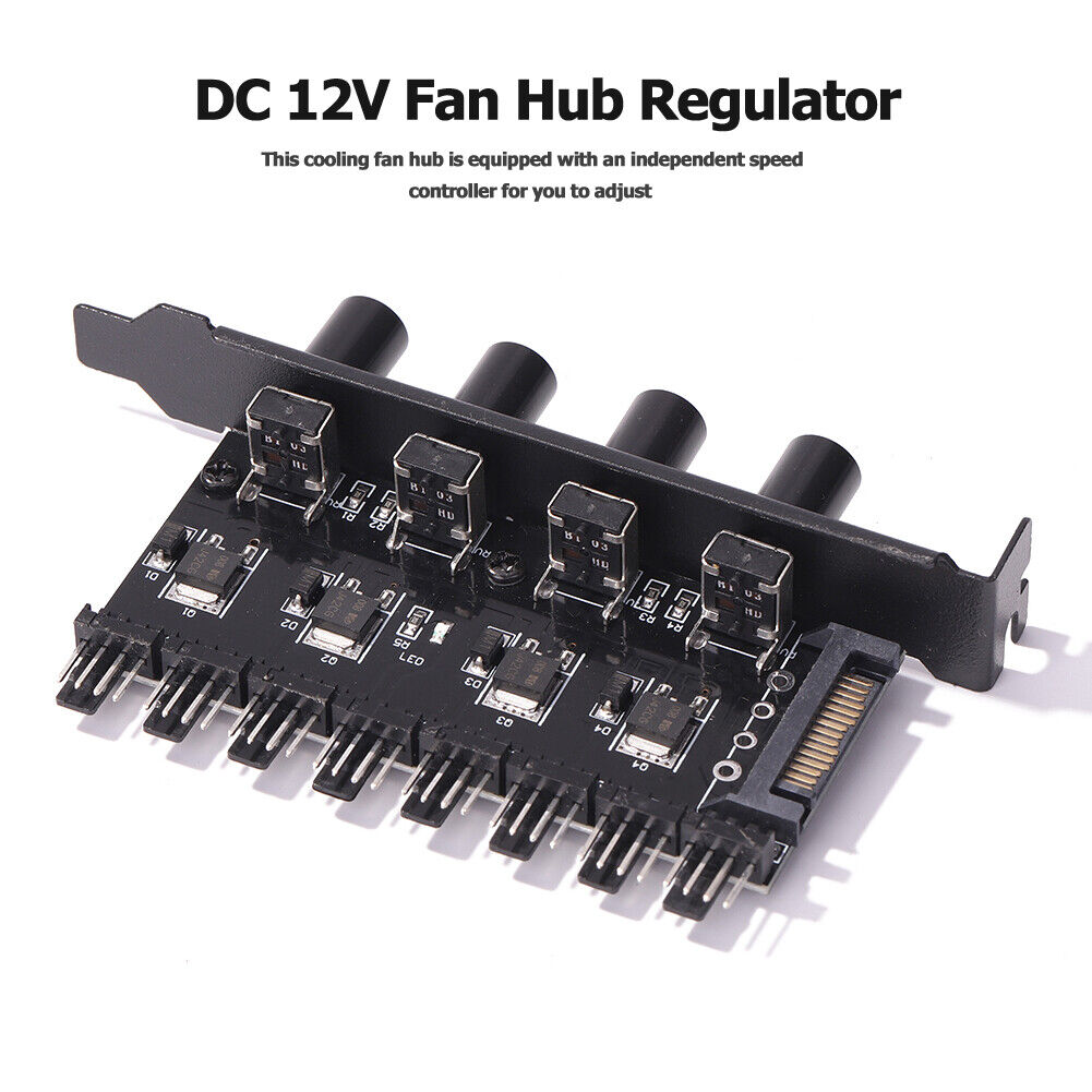 12V Computer Case Fan Hub Regulator 8 Way 4 Knob SATA/3Pin Speed Controller