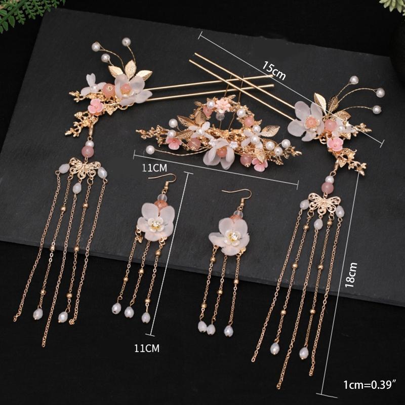 Women Chinese Hanfu Dress Jewelry Sets Tassel Floral Hairpins Earrings Hair Fork