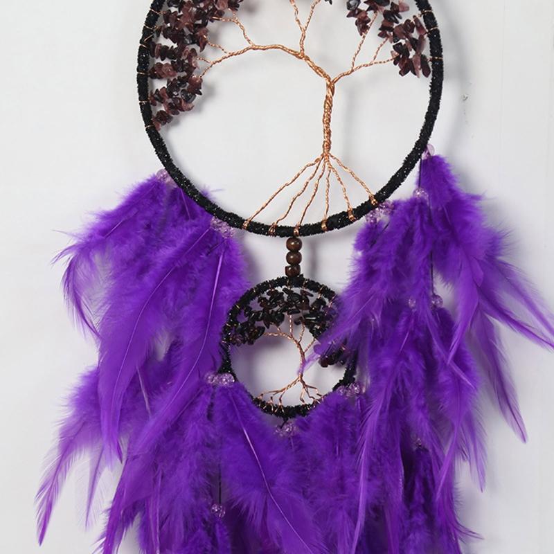 Woven Tree of Life Dream Catcher with Crystal Stones Feather Wall Hanging Decor
