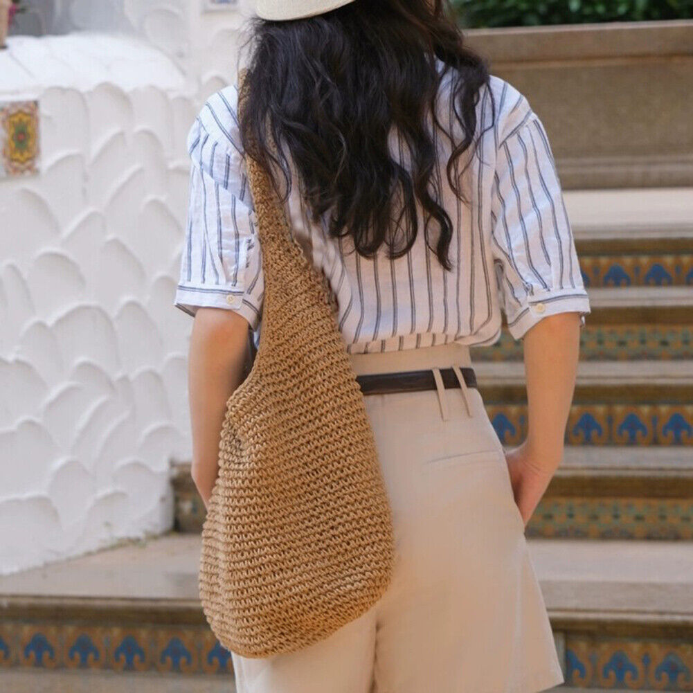 Boho Straw Shoulder Bag Women Large Capacity Woven Beach Vacation Handbags