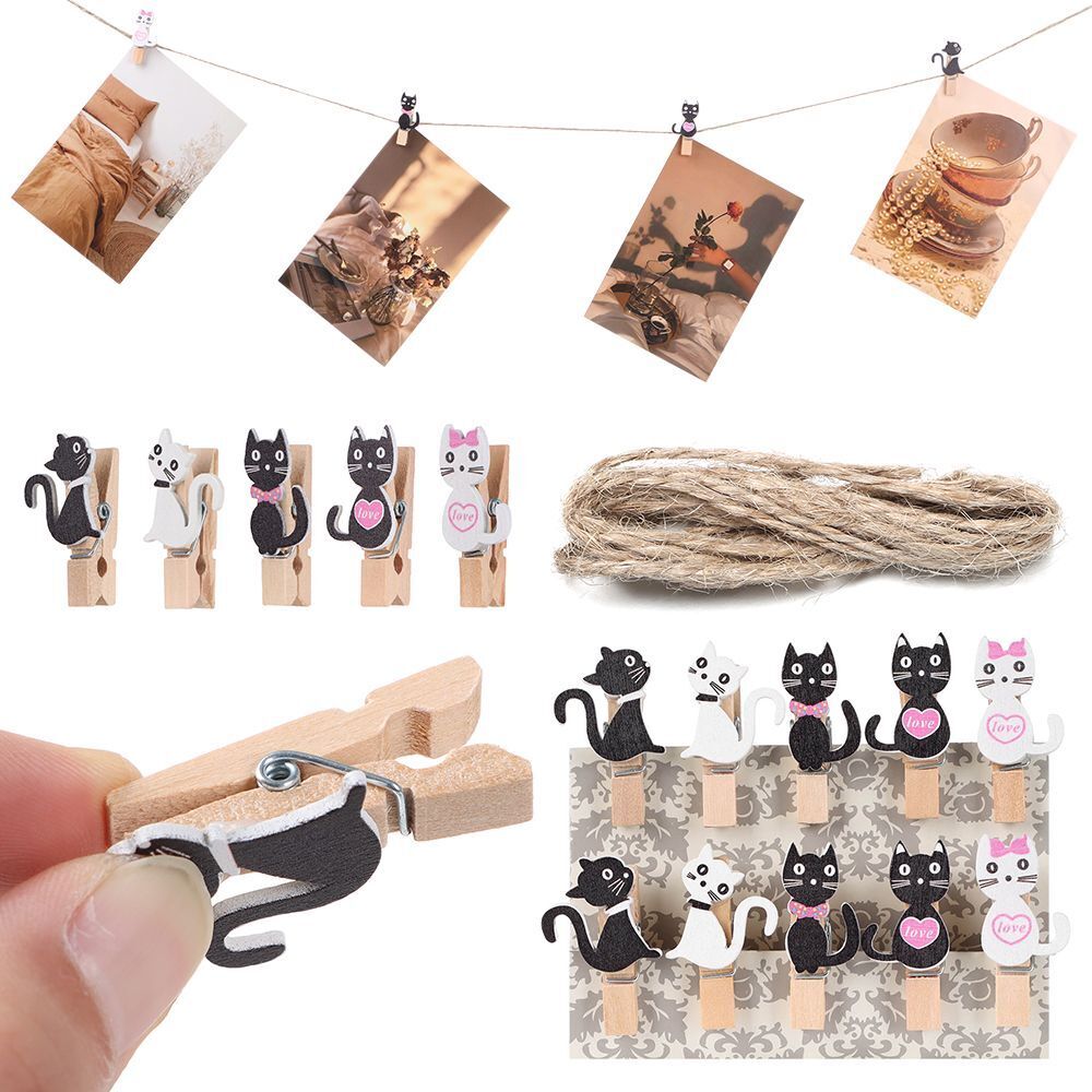 Cartoon DIY 10pcs/set Cute Cat with Hemp Rope Wooden Clips Hanging Photo Clips