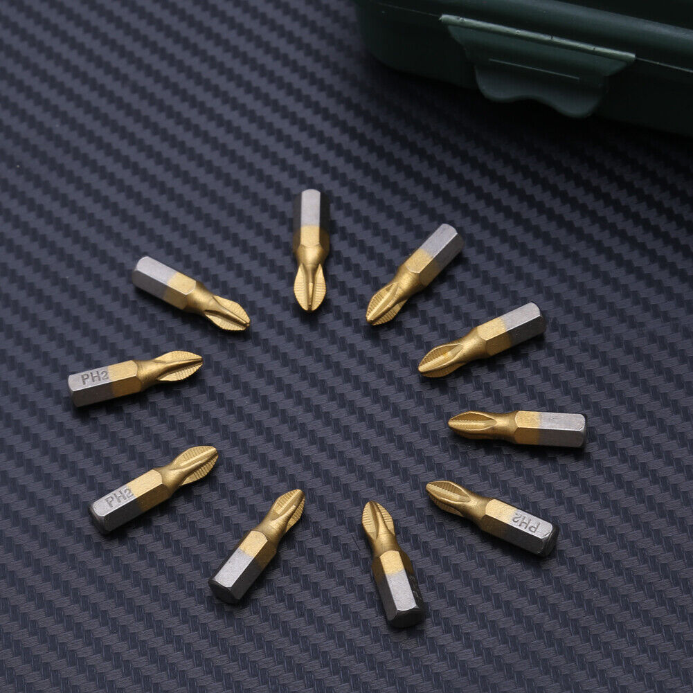 10pcs 1/4 PH2 Titanium Coated Cross Magnetic Screwdriver Bits 25mm Length