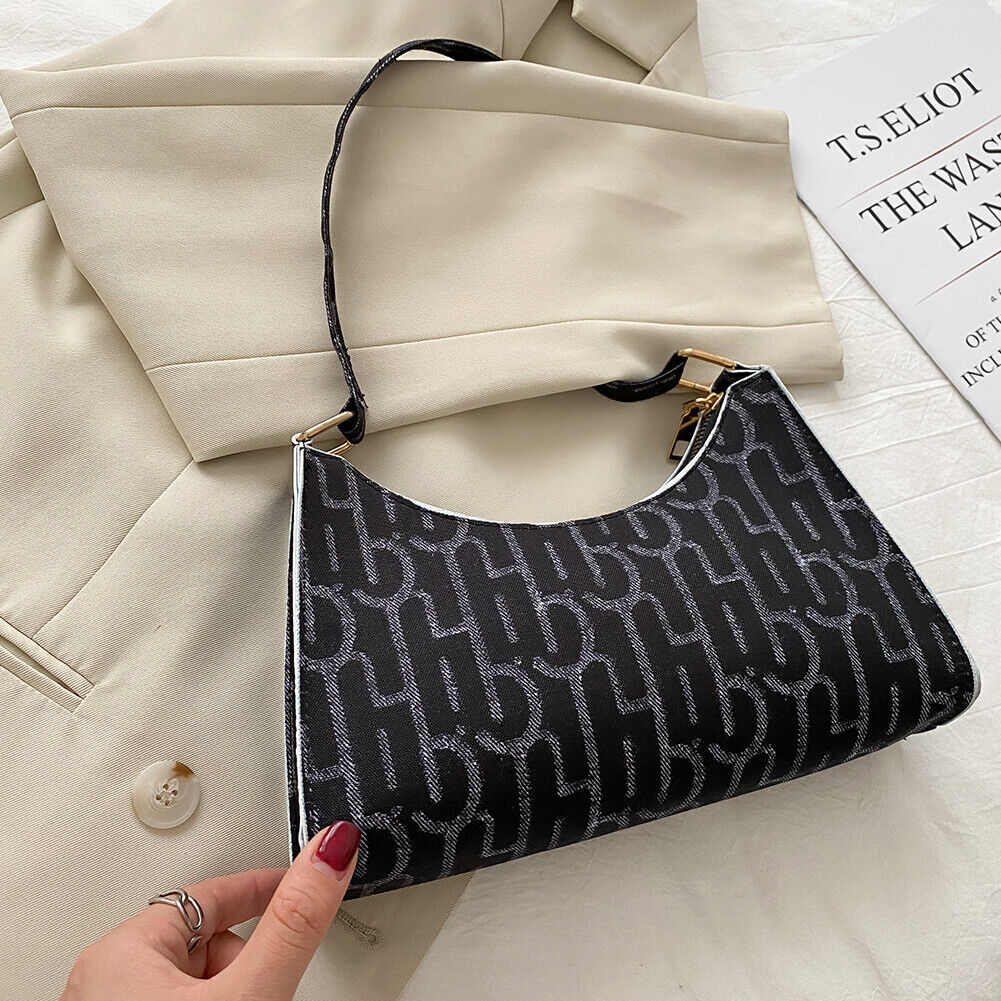 Casual Printed Women Handbag Totes PU Zipper Underarm Shoulder Bags (Black)