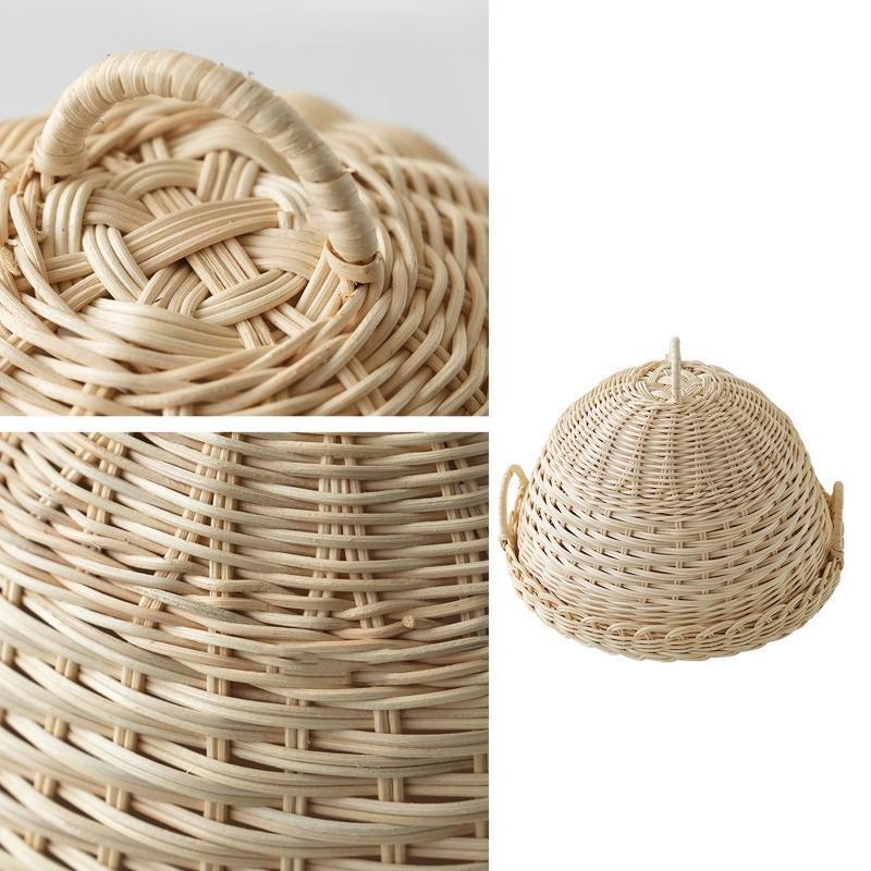 Handmade Woven Rattan Storage Tray with Cover Round Food Basket Display Case