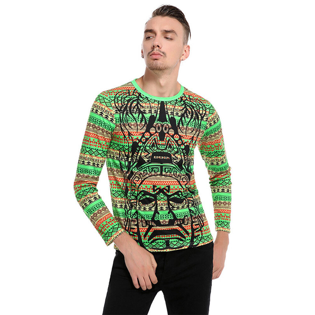 Cartoon Striped Print Men Long Sleeve T-shirt Casual O-Neck Tops Tee(XXL)-1