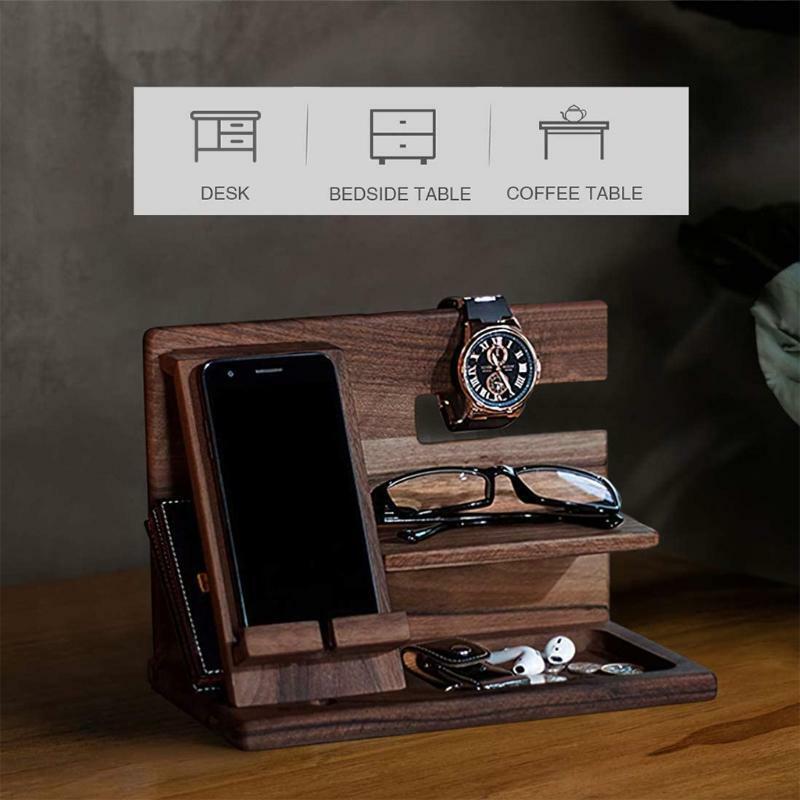 Wooden Phone Docking Station Wallet Stand Watches Purse Holder Desk Organizer