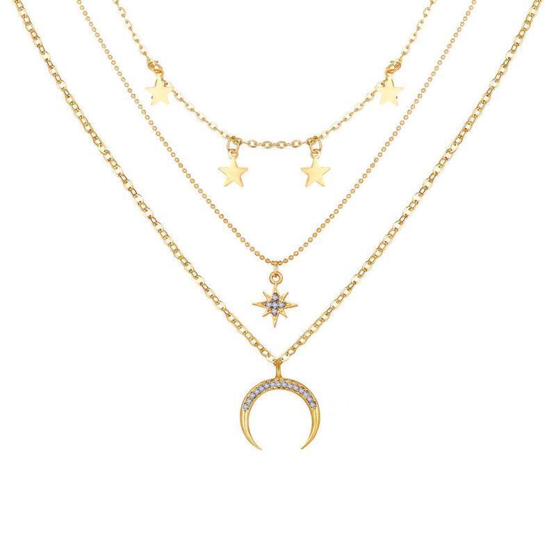 Eight Awn Star Necklace Three-layer Star Moon Bohemian Choker Chain Jewelry