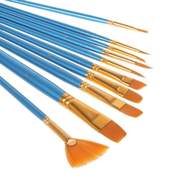 10Pc Acrylic Paint Brush Nylon Hair Watercolor Flabellum Pointed Tip Artists Set