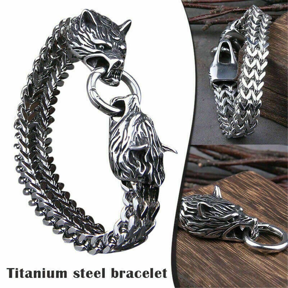 Clasp Fenrir Head Bracelet Viking Stainless Steel Bracelet Wolves Head Bangle
