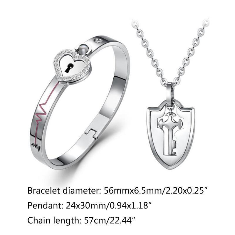 Couple Lovers Puzzle Titanium Steel Love Heart Lock Bangle Key Pendant Necklace