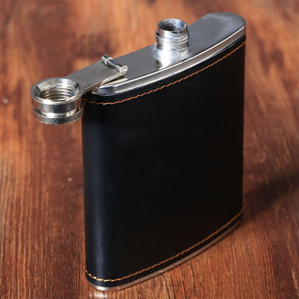 7oz Black PU Leather Steel Liquor Hip Flask Whiskey Alcohol Wine Flagon Bottle