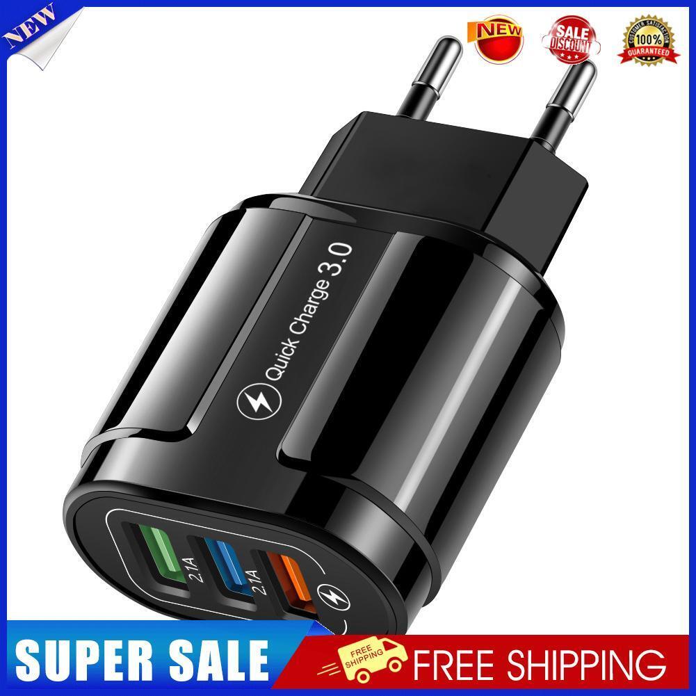 EU Plug 3 Port USB Charger QC3.0 Wall Phone Fast Charging Adapter (Black)