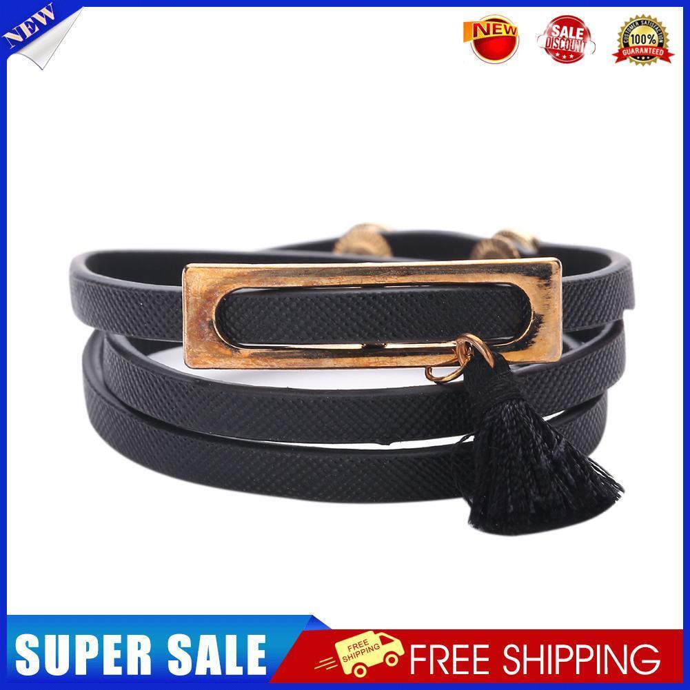 Multilayer Leather Wrap Bracelet Tassel Bangle Women Men Jewelry(Black)