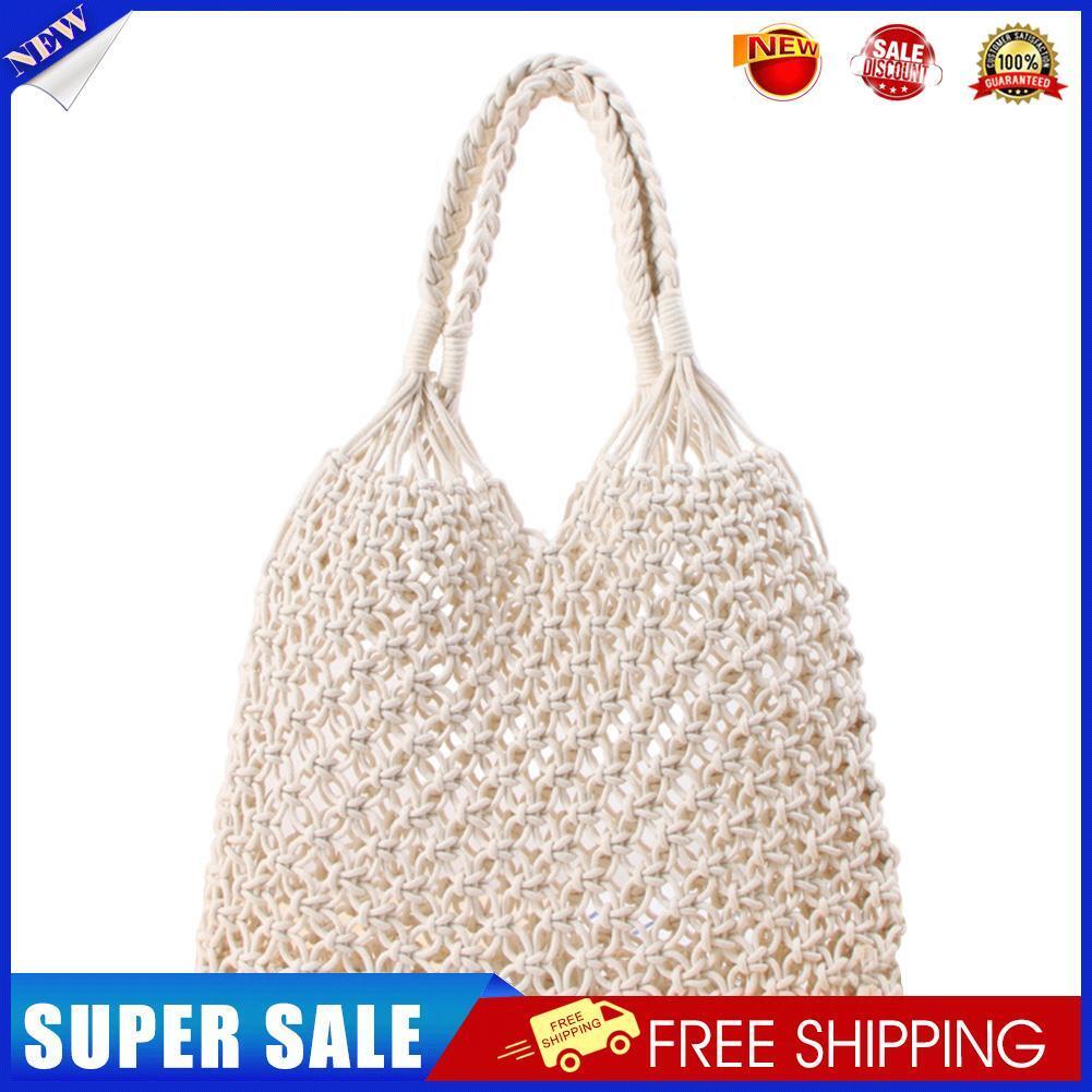Womens Straw Hollow Beach Shoulder Bags Vacation Shopper Handbag (White)
