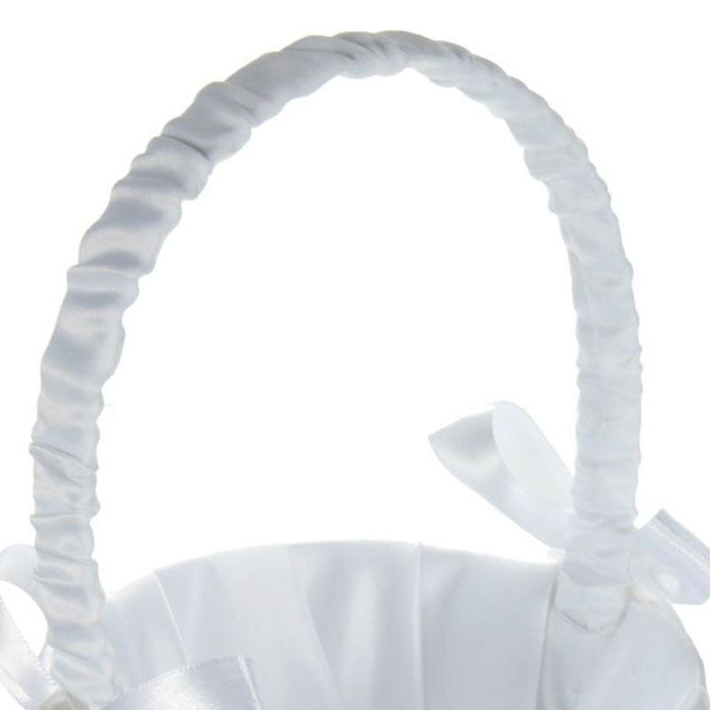 White Flower Girl Basket Bowknot Satin Cloth Baskets for Wedding Ceremony Party