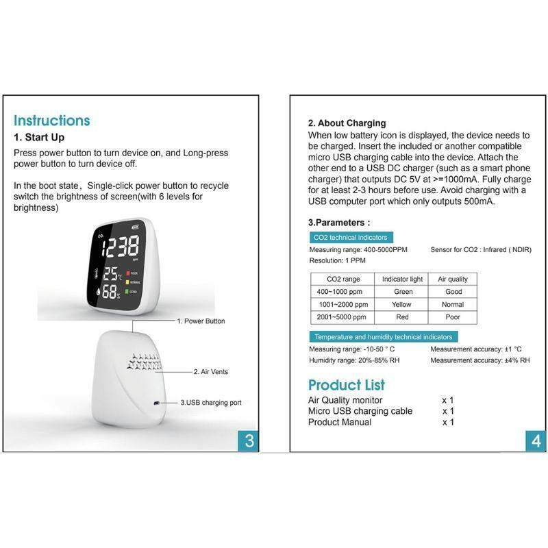 CO2 Detector Carbon Dioxide Air Quality Tester for CO2 Real-Time Data with Alarm