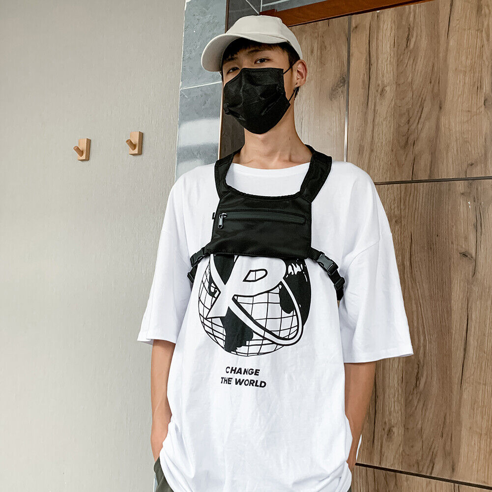 Street Shoulder Bags Women Men Nylon Hip Hop Vest Chest Pouch (1 Black)