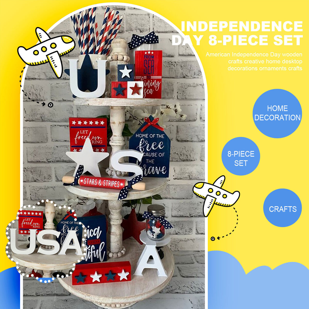 Independence Day Patriotic Ornaments - Blue Red & White Wooden Craft Decor