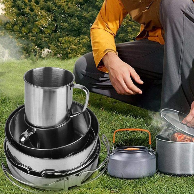 8 Pcs Stainless Steel Cookware Mess Kit Portable Compact Camping Pot Pans Cups
