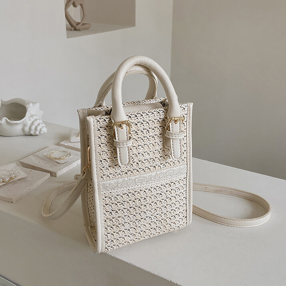 Women Straw Crossbody Bag Boho Beach Hand Woven Purses Tote Handbag (White)