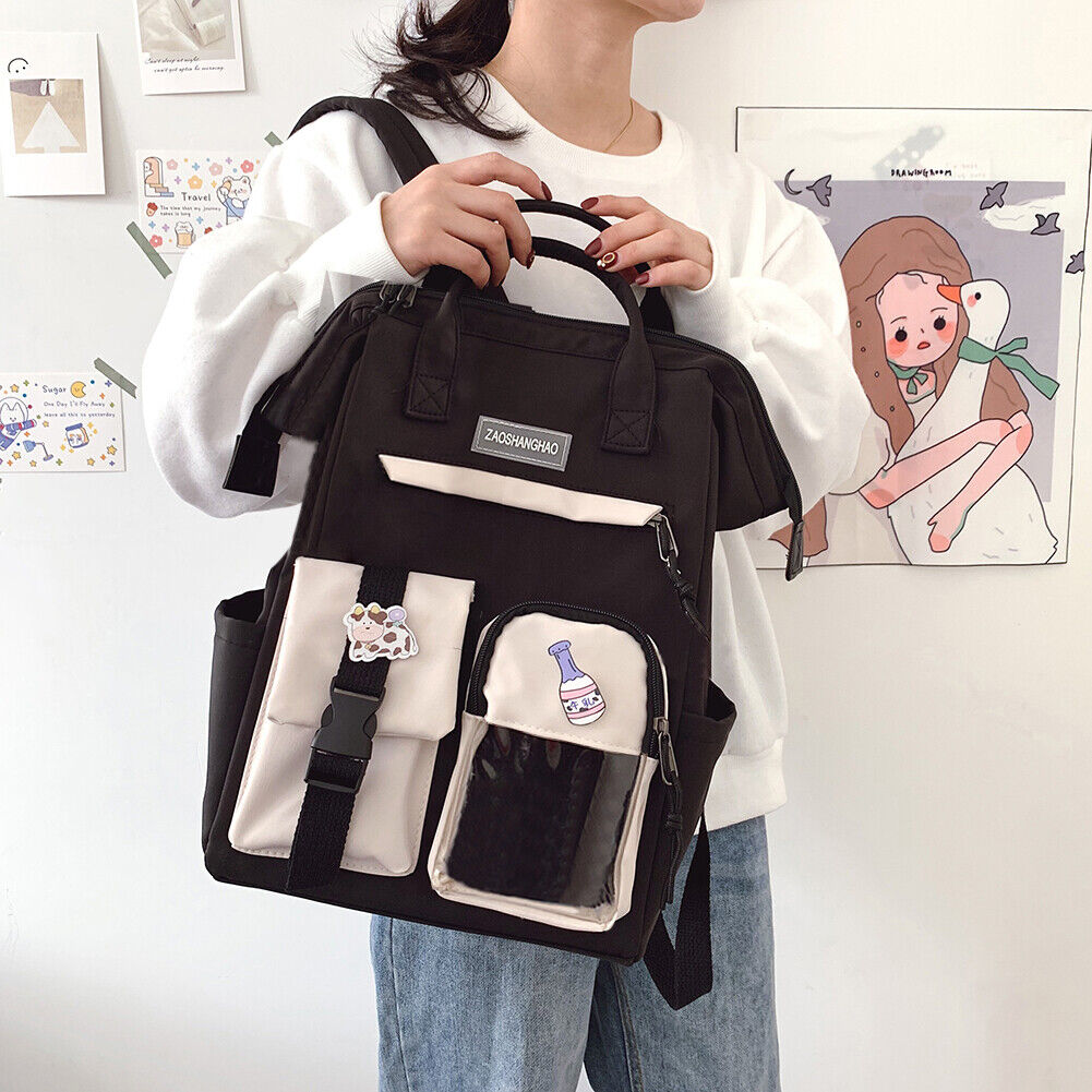 Preppy Style Women Hit Color Backpack Girls School Large Handbags (Black)