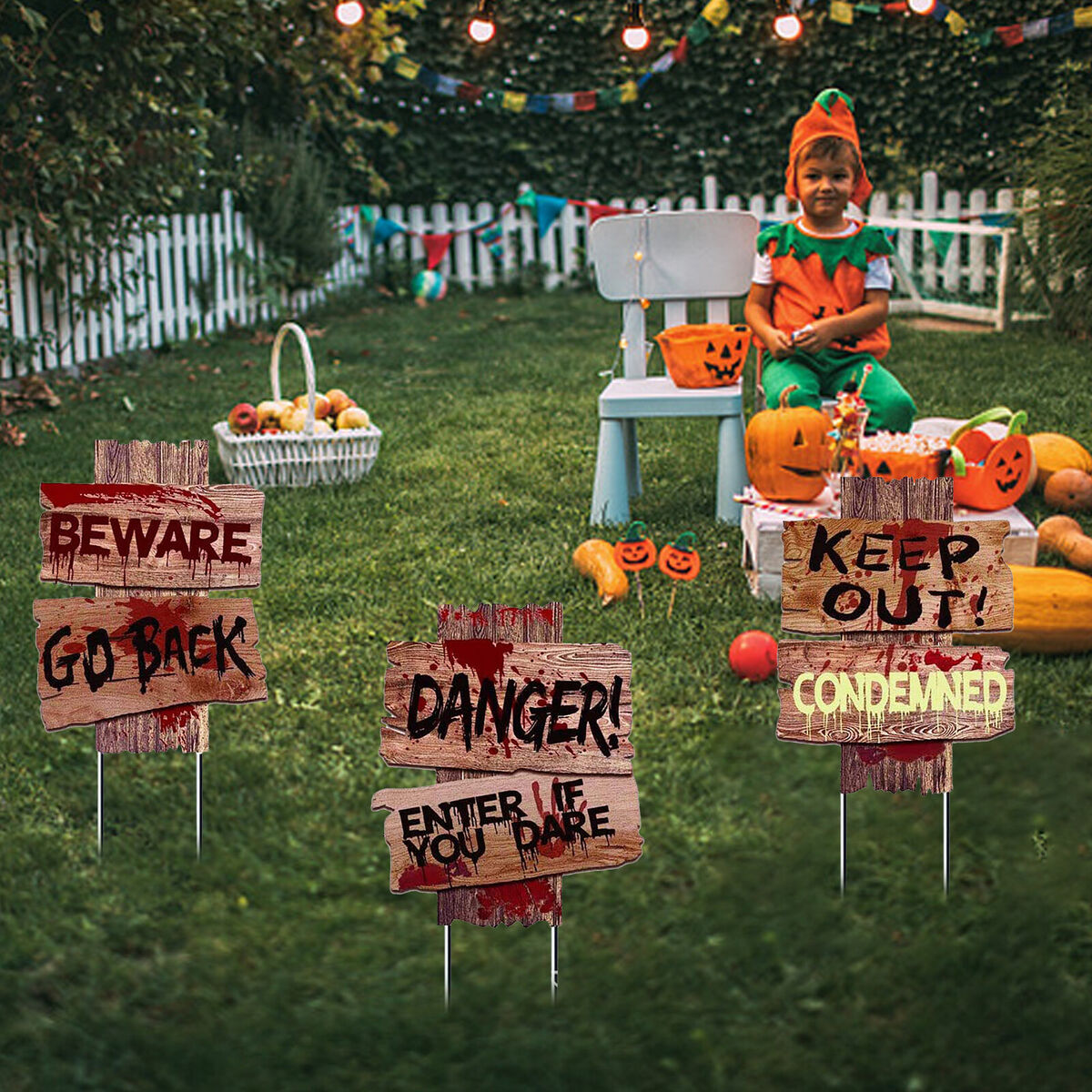 Halloween Yard Sign Stakes Outdoor Creepy Beware Danger Warning Sign 3pcs