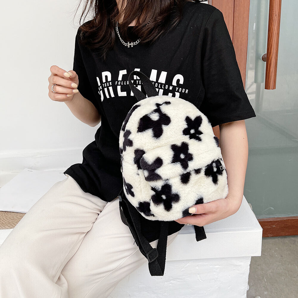 Preppy Style Women Flowers Printing Plush Backpack Casual Small Knapsack